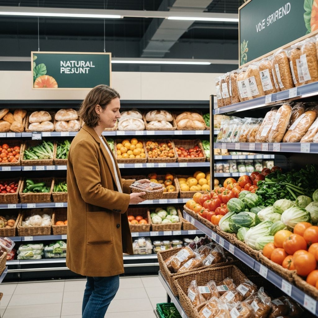 Person making thoughtful food choices at a UK supermarket, browsing produce section